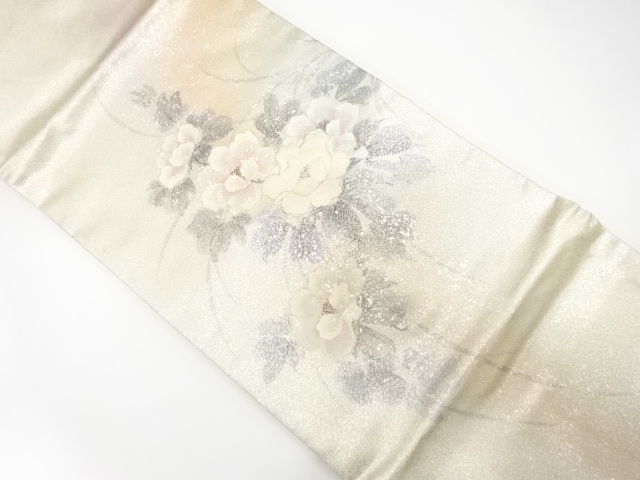 銀彩　手描き　花模様　刺繍　名古屋帯